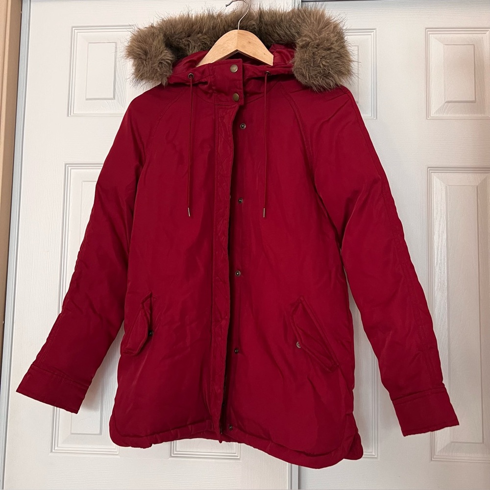 Old Navy Women's Red Fur-Trimmed Parka Size XS - Picture 2 of 8